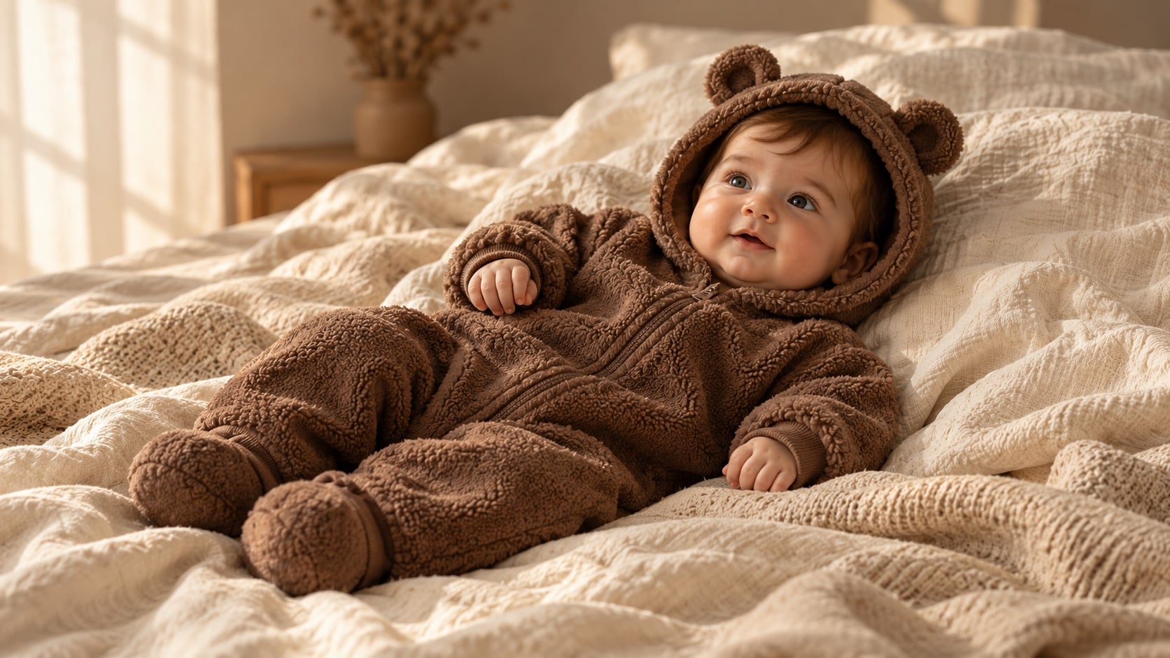 Un bébé en combinaison chocolat à capuche