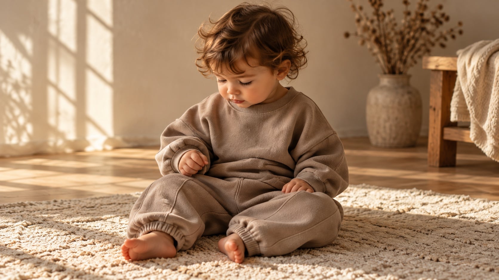 Un enfant assis sur un tapis, en ensemble sweat oversize taupe