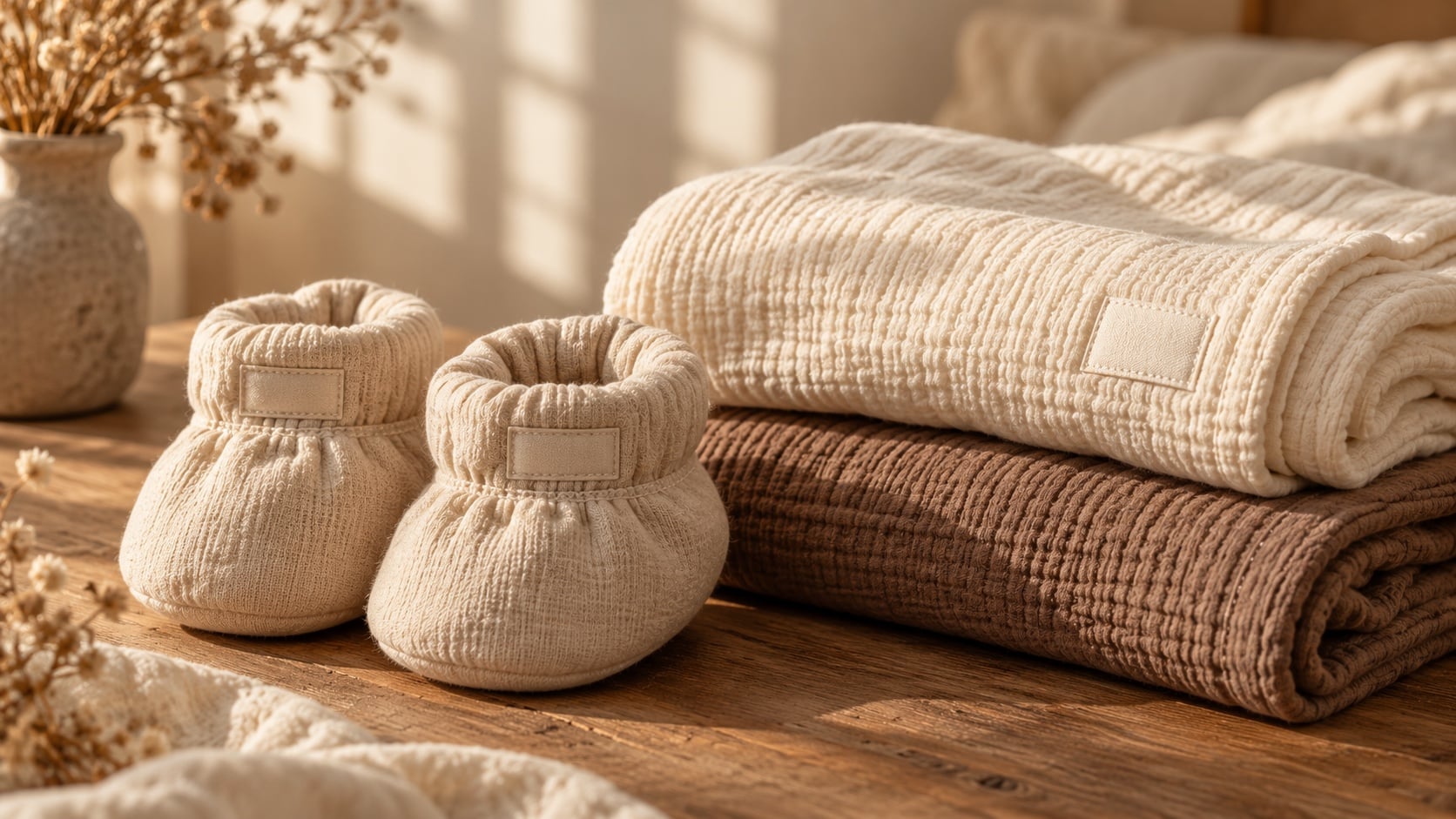 Chaussons et langes en gaze de coton sur une table en bois