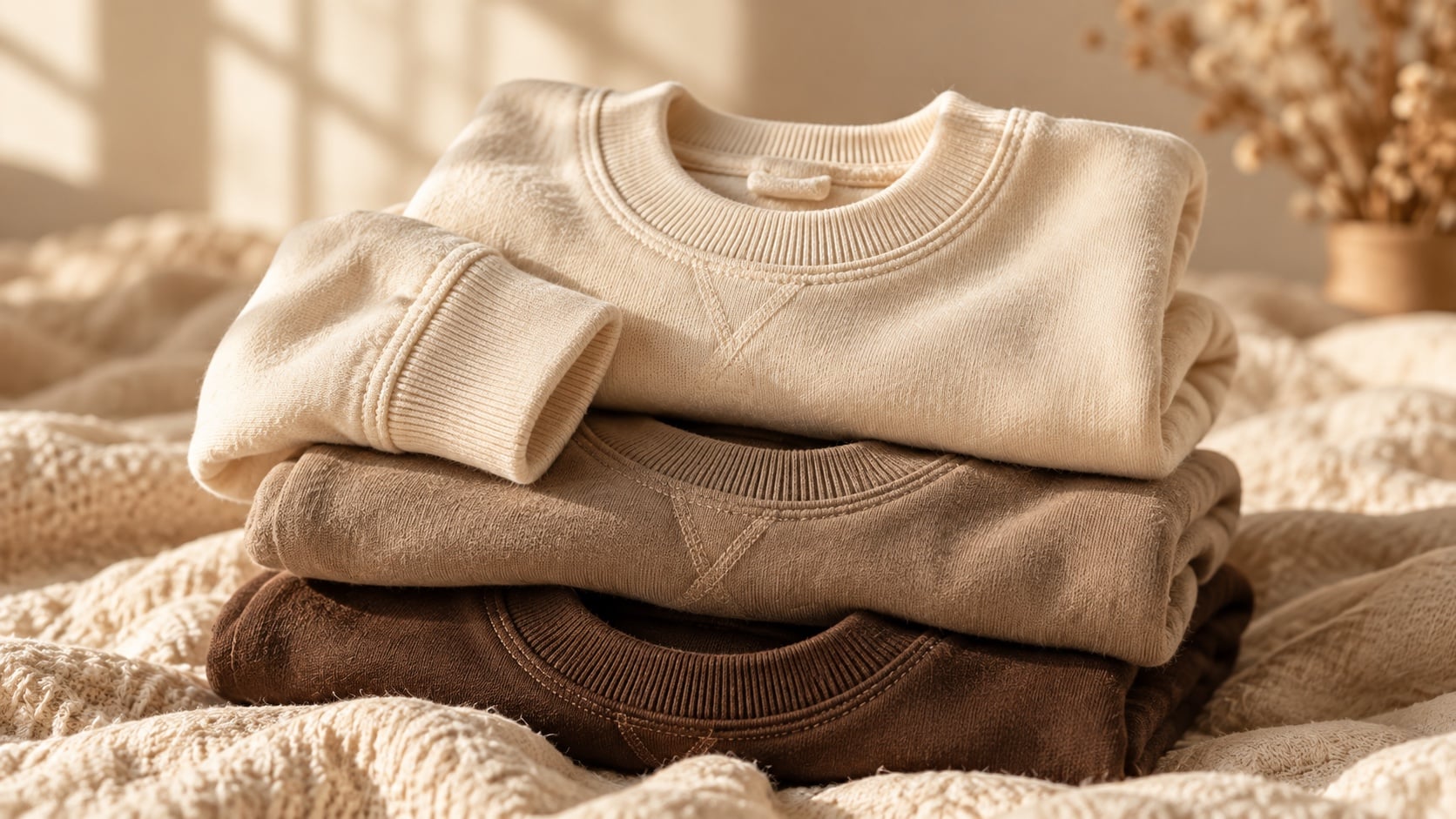 Sweats pliés aux tons crème, taupe et chocolat