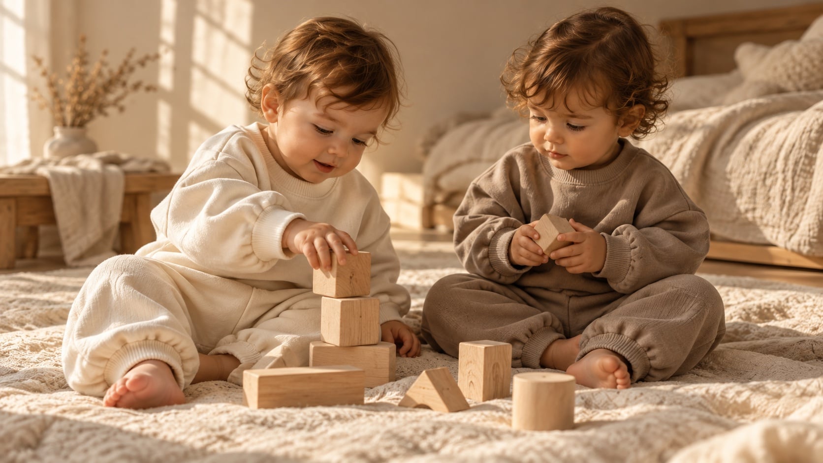 Deux enfants jouent avec des cubes en bois